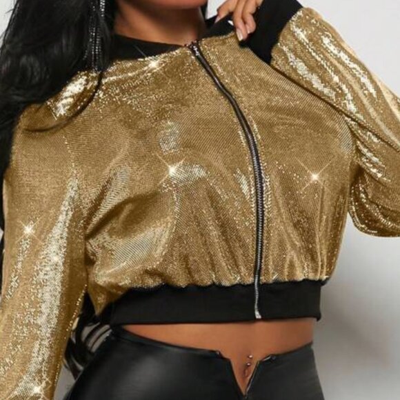 Metallic Gold Crop Bomber Jacket - Picture 3 of 5